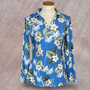 GGOV Long Sleeve V-neck Stretchy Performance Polo Shirt SzS Blue Floral